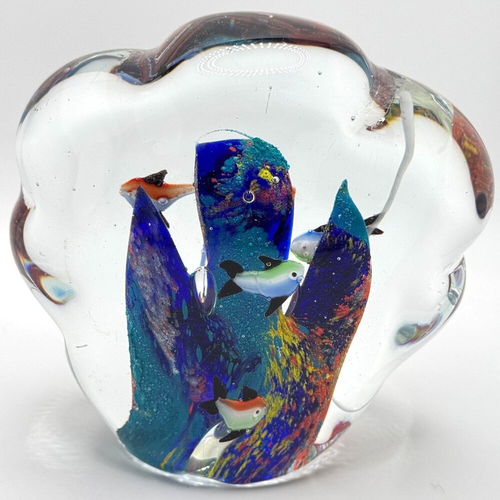 Vtg Murano Style Art Glass Aquarium Paperweight Colorful Fish Coral 4.5 lbs